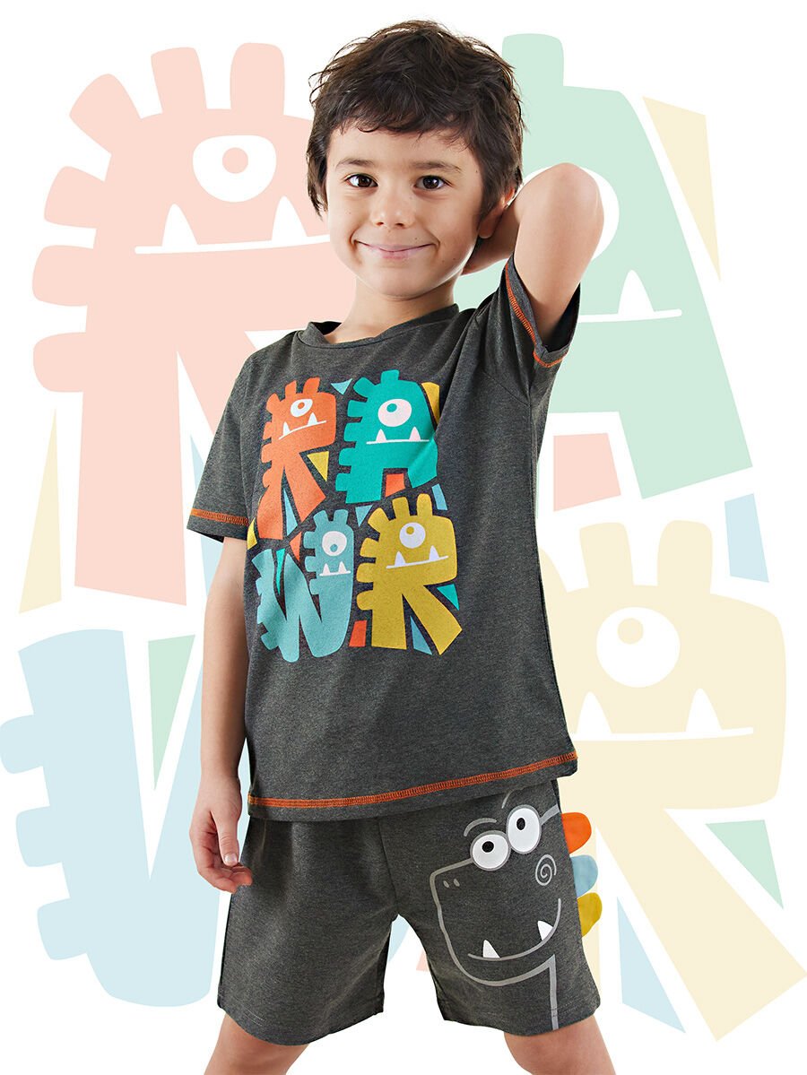 Rawr Dino Erkek Çocuk T-shirt Şort Takım 5 Y - Gri