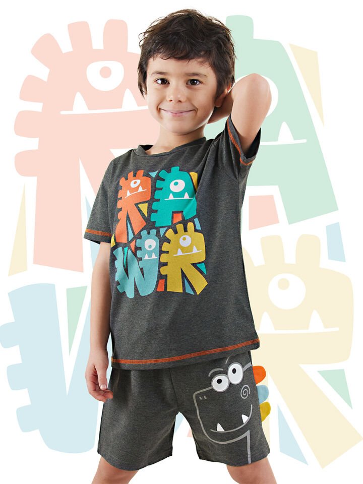 Rawr Dino Erkek Çocuk T-shirt Şort Takım 5 Y - Gri