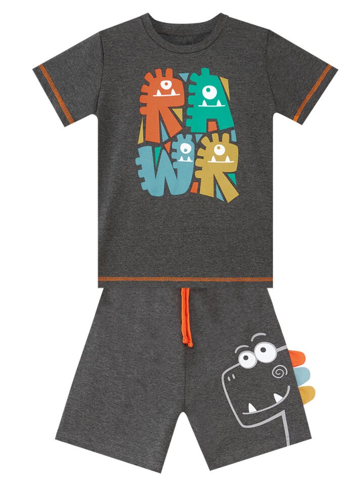 Rawr Dino Erkek Çocuk T-shirt Şort Takım 5 Y - Gri
