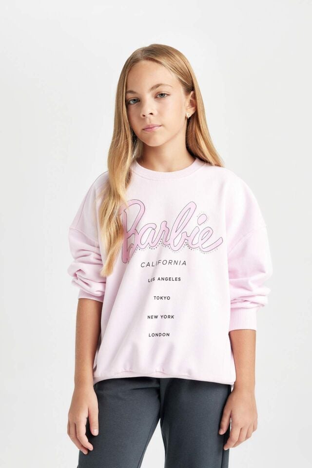 Kız Çocuk Pembe Barbie Oversize Geniş Kalıp Bisiklet Yaka İçi Yumuşak Tüylü Sweatshirt