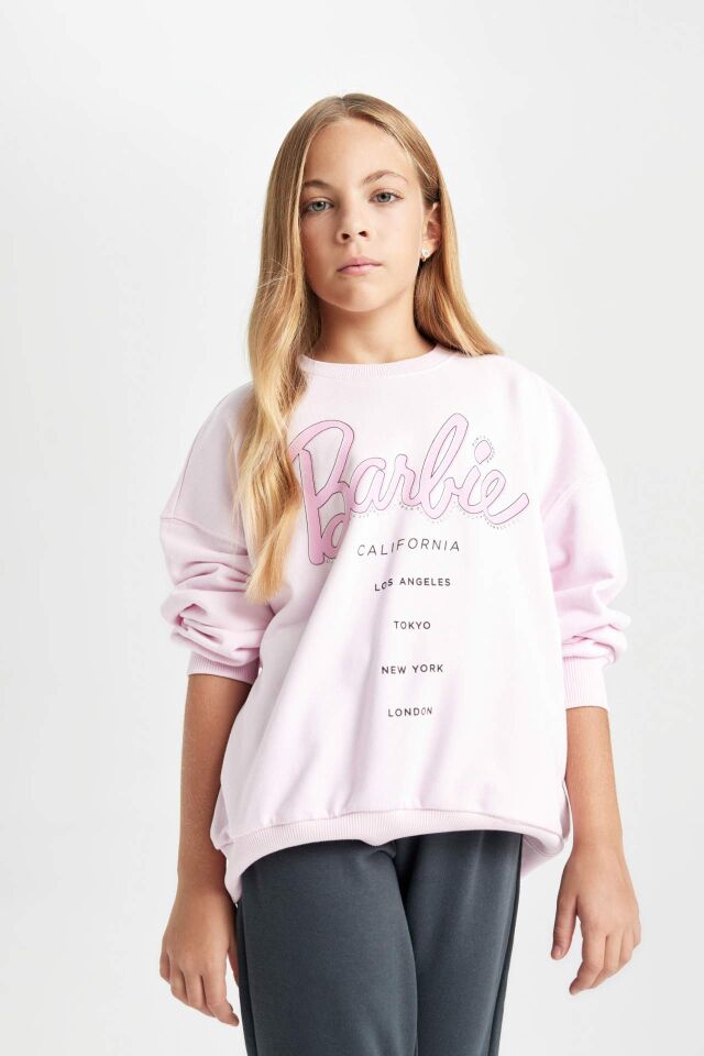Kız Çocuk Pembe Barbie Oversize Geniş Kalıp Bisiklet Yaka İçi Yumuşak Tüylü Sweatshirt