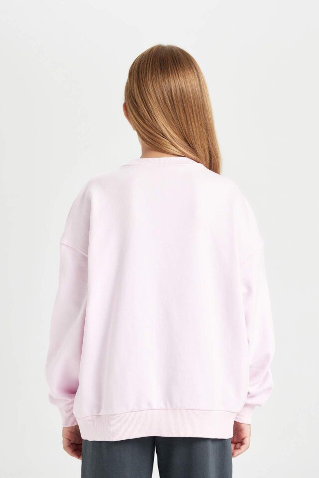 Kız Çocuk Pembe Barbie Oversize Geniş Kalıp Bisiklet Yaka İçi Yumuşak Tüylü Sweatshirt