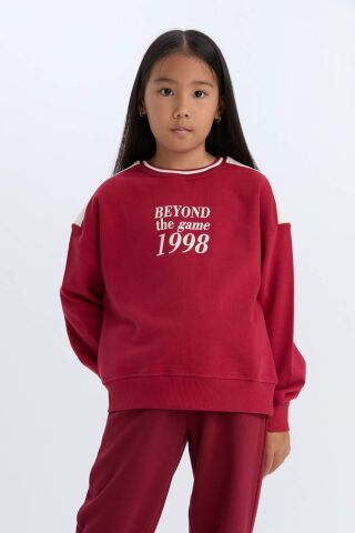 Kız Çocuk Relax Fit Bisiklet Yaka Baskılı İçi Yumuşak Tüylü Sweatshirt