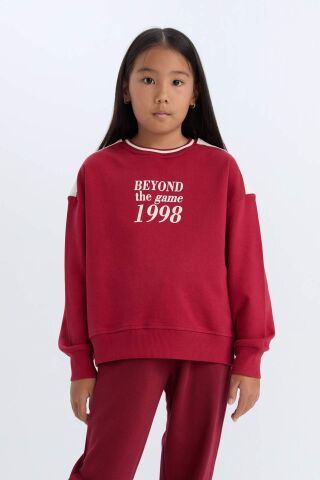 Kız Çocuk Relax Fit Bisiklet Yaka Baskılı İçi Yumuşak Tüylü Sweatshirt