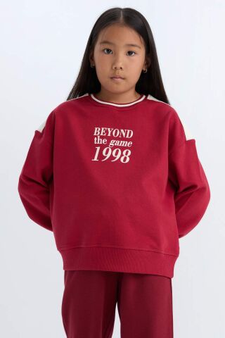 Kız Çocuk Relax Fit Bisiklet Yaka Baskılı İçi Yumuşak Tüylü Sweatshirt