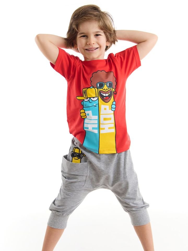 Biraderler Erkek Çocuk T-shirt Kapri Şort Takım 3 Y - Turuncu, Gri