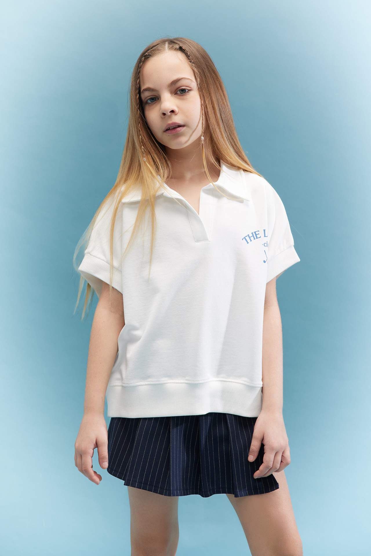 Kız Çocuk Oversize Geniş Kalıp Baskılı Kısa Kollu Polo Tişört