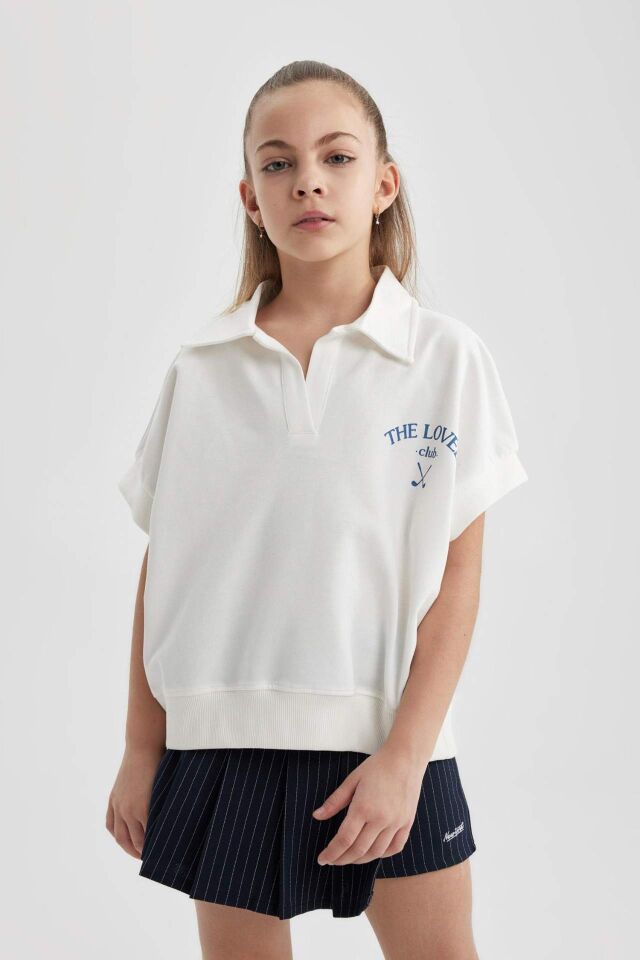Kız Çocuk Oversize Geniş Kalıp Baskılı Kısa Kollu Polo Tişört