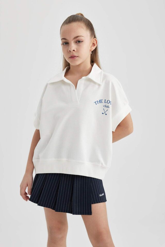 Kız Çocuk Oversize Geniş Kalıp Baskılı Kısa Kollu Polo Tişört