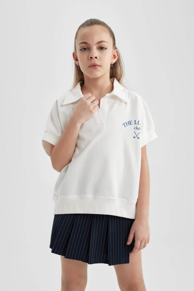Kız Çocuk Oversize Geniş Kalıp Baskılı Kısa Kollu Polo Tişört