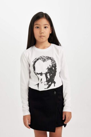 Kız Çocuk Bisiklet Yaka Atatürk Baskılı Uzun Kollu Tişört
