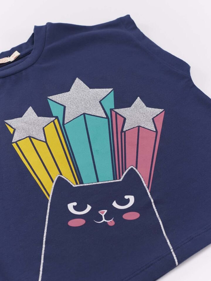Yıldızlı Kedi Kız T-Shirt Şort Takım 5 Y - Pembe, Lacivert