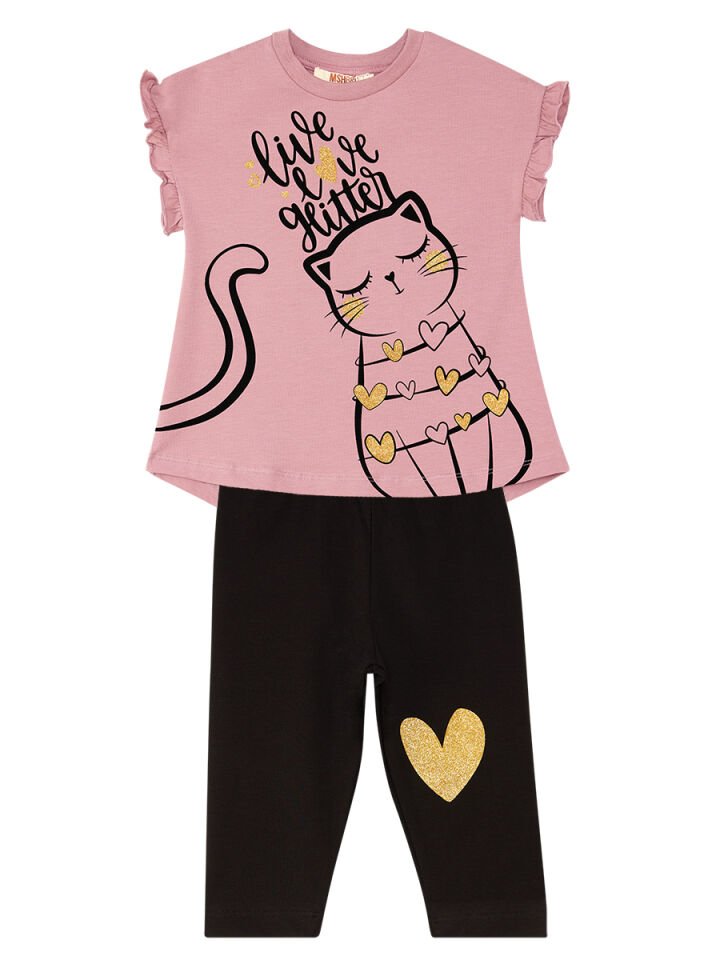 Love Cat Kız Çocuk T-shirt Tayt Takım 6 Y - Pembe, Siyah