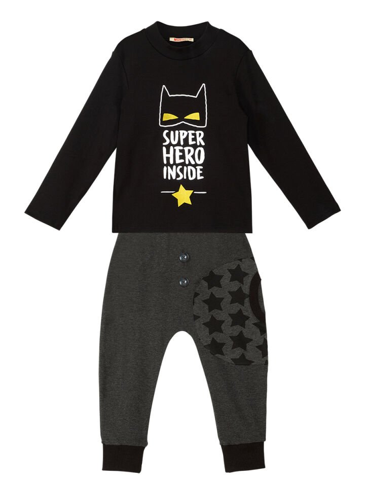 Süper Kahraman Erkek Çocuk T-shirt Pantolon Takım 7 Y - Siyah, Gri