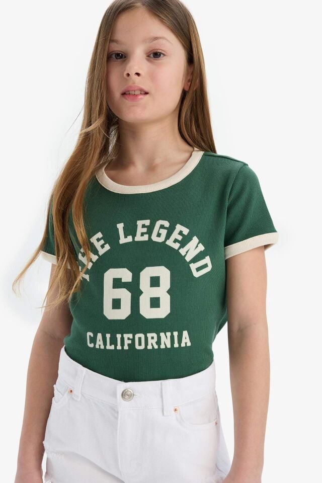 Kız Çocuk Slim Fit Dar Kesim Bisiklet Yaka Baskılı Fitilli Kaşkorse Kısa Kollu Tişört