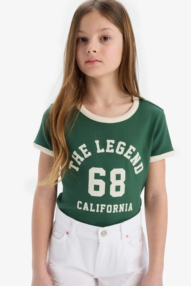 Kız Çocuk Slim Fit Dar Kesim Bisiklet Yaka Baskılı Fitilli Kaşkorse Kısa Kollu Tişört