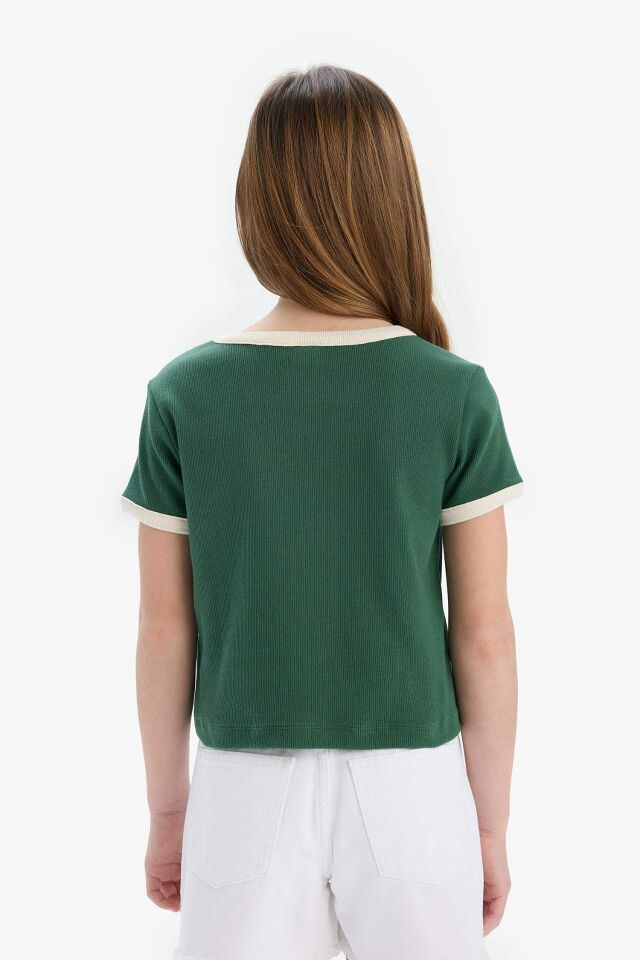 Kız Çocuk Slim Fit Dar Kesim Bisiklet Yaka Baskılı Fitilli Kaşkorse Kısa Kollu Tişört