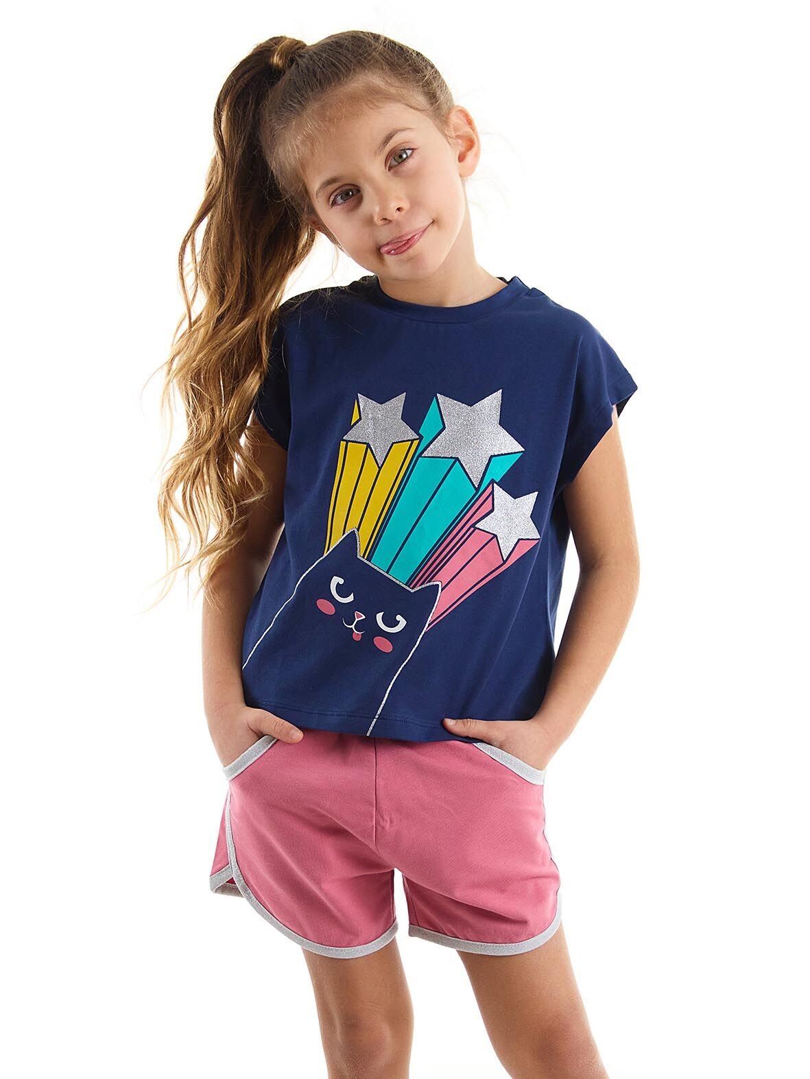 Yıldızlı Kedi Kız T-Shirt Şort Takım 5 Y - Pembe, Lacivert