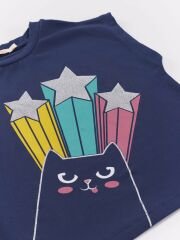 Yıldızlı Kedi Kız T-Shirt Şort Takım 5 Y - Pembe, Lacivert