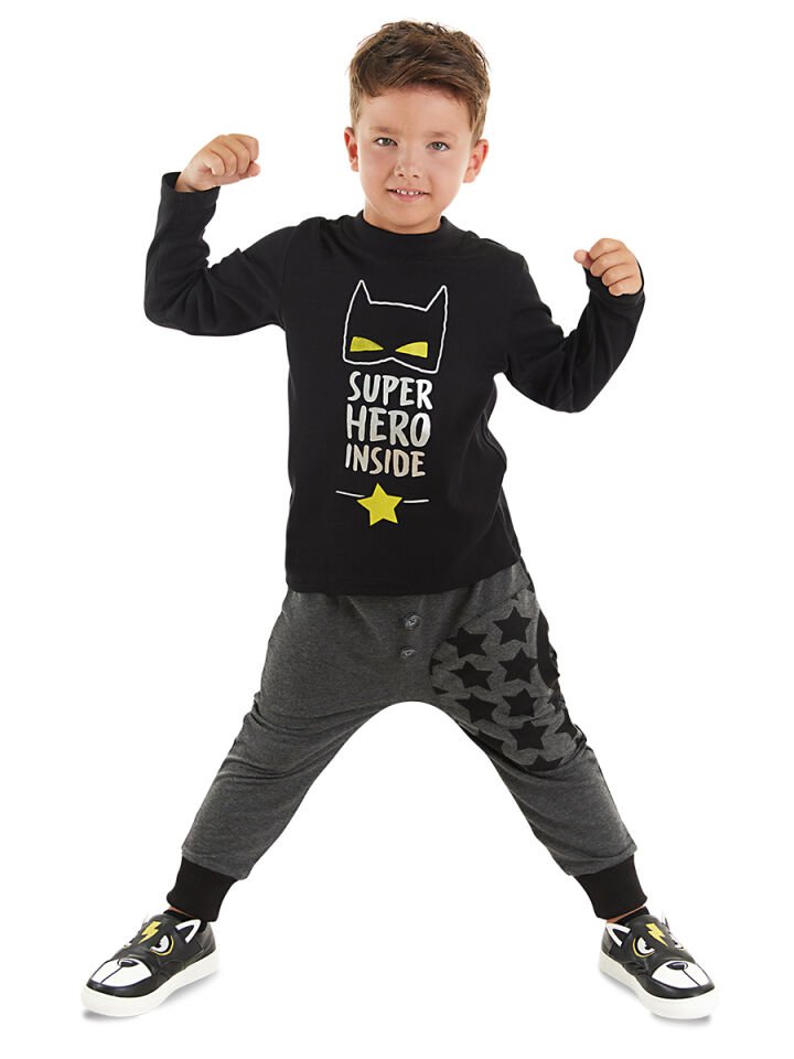 Süper Kahraman Erkek Çocuk T-shirt Pantolon Takım 8 Y - Siyah, Gri
