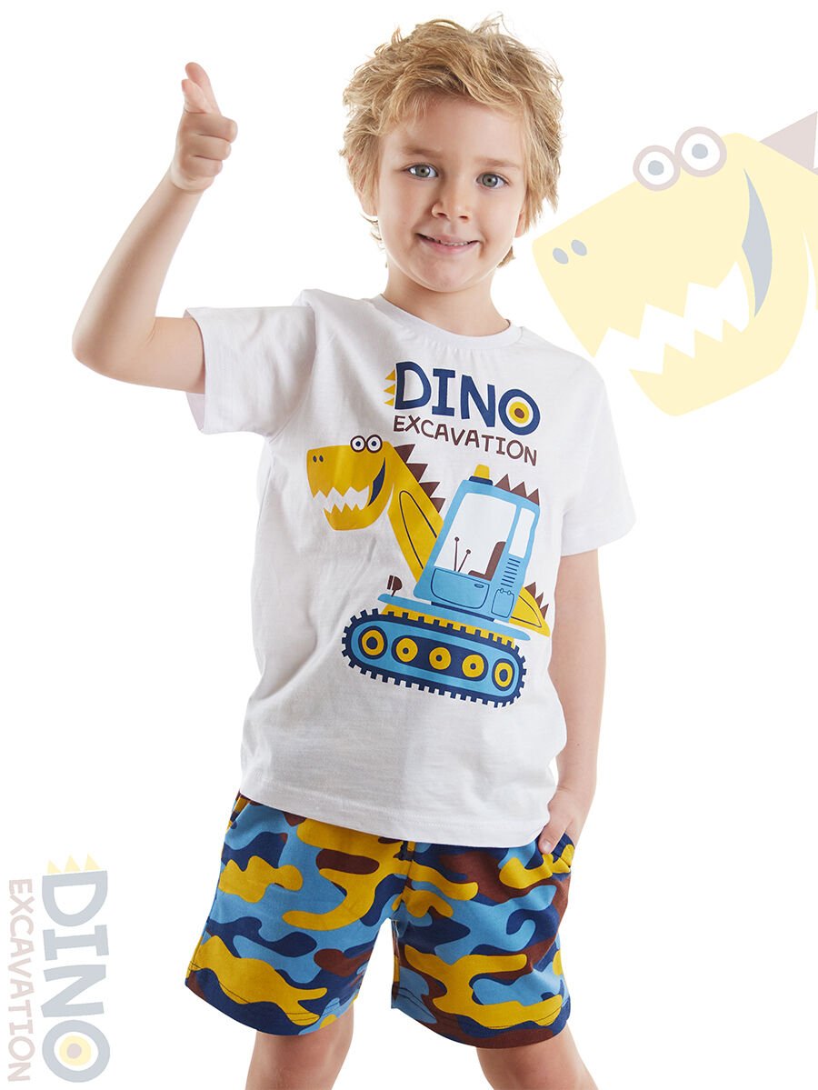 Dino Kazı Erkek Çocuk T-shirt Kamuflaj Şort Takım 2 Y - Beyaz