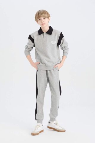Erkek Çocuk 2'li Takım Polo Yaka Baskılı Kalın Sweatshirt Beli Paçası Lastikli Eşofman Altı