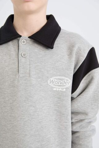 Erkek Çocuk 2'li Takım Polo Yaka Baskılı Kalın Sweatshirt Beli Paçası Lastikli Eşofman Altı