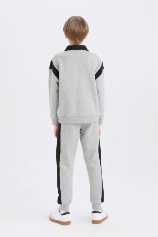 Erkek Çocuk 2'li Takım Polo Yaka Baskılı Kalın Sweatshirt Beli Paçası Lastikli Eşofman Altı