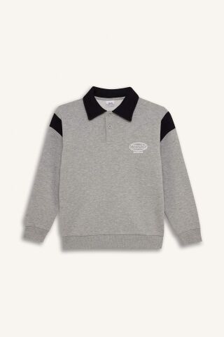 Erkek Çocuk 2'li Takım Polo Yaka Baskılı Kalın Sweatshirt Beli Paçası Lastikli Eşofman Altı