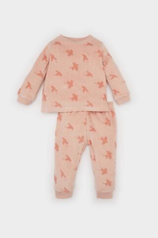 Kız Bebek Pijama Takımı Desenli Bisiklet Yaka Uzun Kollu Velur Üst Beli Lastikli Uzun Alt