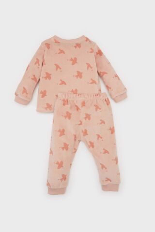 Kız Bebek Pijama Takımı Desenli Bisiklet Yaka Uzun Kollu Velur Üst Beli Lastikli Uzun Alt