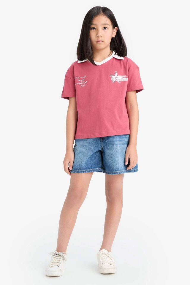 Kız Çocuk Boxy Fit Polo Yaka Baskılı Kısa Kollu Tişört