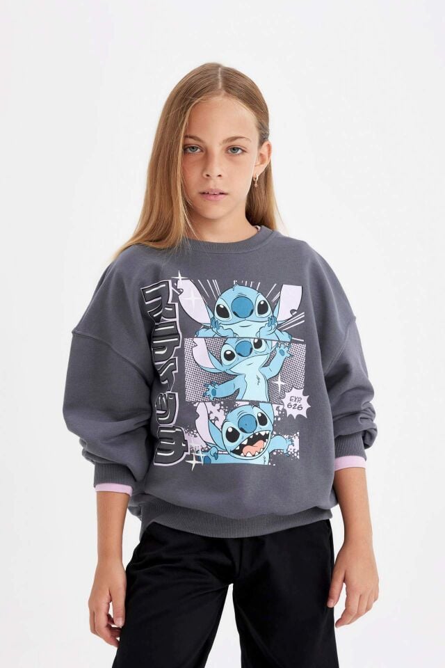 Kız Çocuk Disney Lilo & Stitch Oversize Geniş Kalıp Bisiklet Yaka Sweatshirt