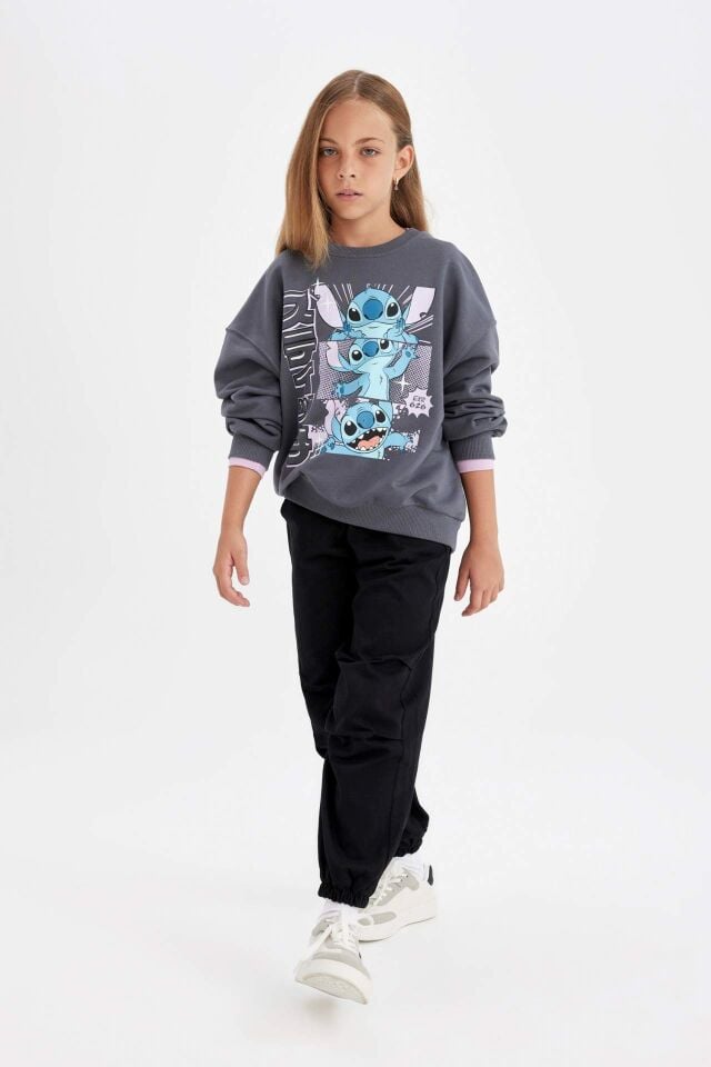 Kız Çocuk Disney Lilo & Stitch Oversize Geniş Kalıp Bisiklet Yaka Sweatshirt