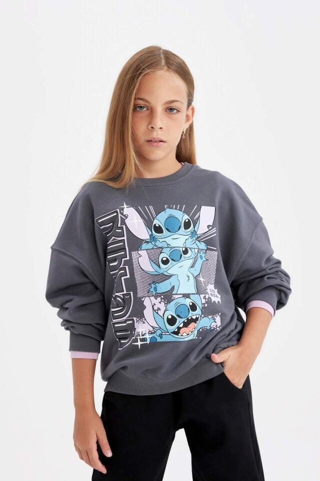 Kız Çocuk Disney Lilo & Stitch Oversize Geniş Kalıp Bisiklet Yaka Sweatshirt