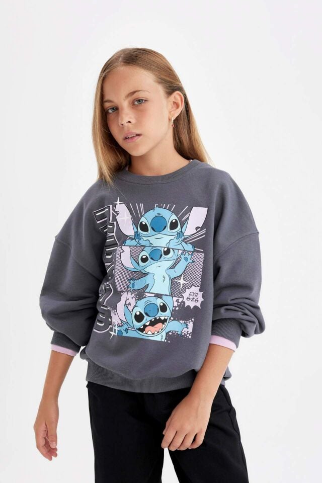 Kız Çocuk Disney Lilo & Stitch Oversize Geniş Kalıp Bisiklet Yaka Sweatshirt