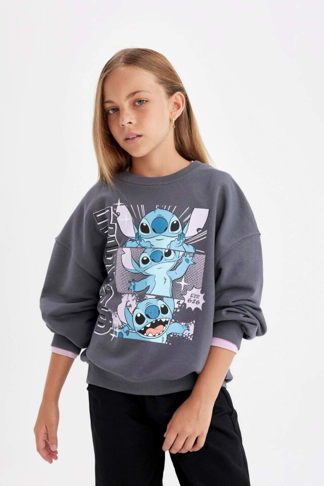 Kız Çocuk Disney Lilo & Stitch Oversize Geniş Kalıp Bisiklet Yaka Sweatshirt