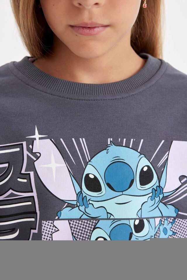 Kız Çocuk Disney Lilo & Stitch Oversize Geniş Kalıp Bisiklet Yaka Sweatshirt