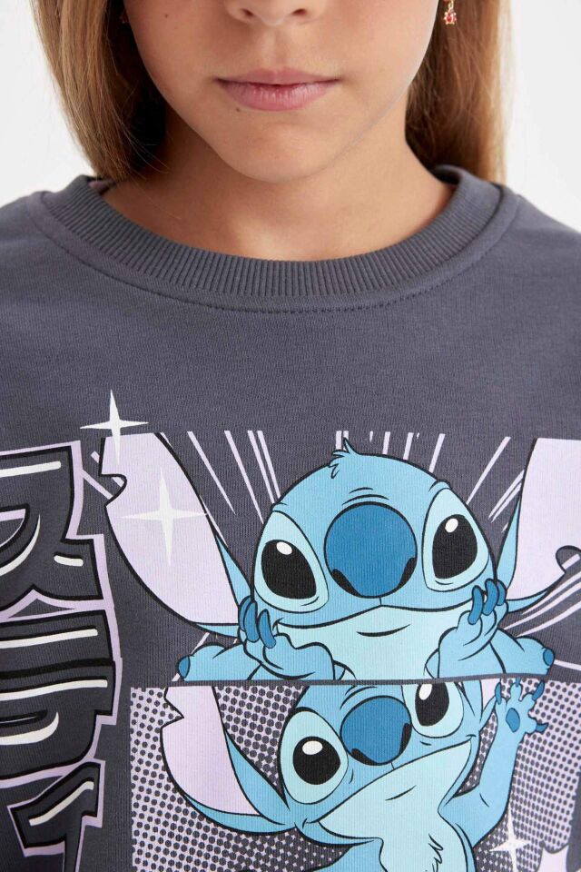 Kız Çocuk Disney Lilo & Stitch Oversize Geniş Kalıp Bisiklet Yaka Sweatshirt