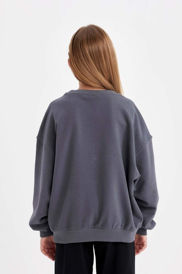 Kız Çocuk Disney Lilo & Stitch Oversize Geniş Kalıp Bisiklet Yaka Sweatshirt
