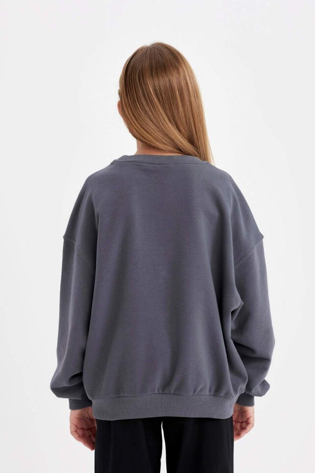 Kız Çocuk Disney Lilo & Stitch Oversize Geniş Kalıp Bisiklet Yaka Sweatshirt
