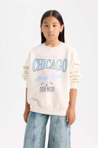 Kız Çocuk Relax Fit Bisiklet Yaka Baskılı Sweatshirt