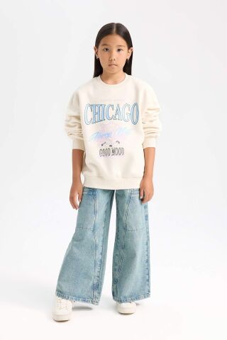Kız Çocuk Relax Fit Bisiklet Yaka Baskılı Sweatshirt
