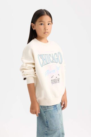 Kız Çocuk Relax Fit Bisiklet Yaka Baskılı Sweatshirt