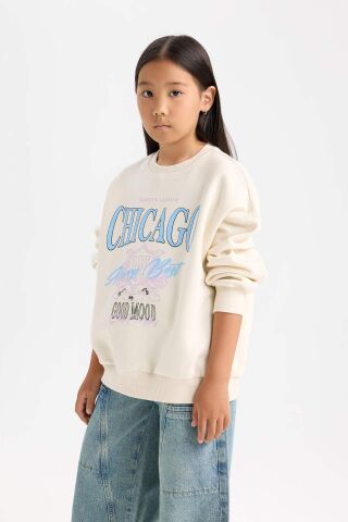 Kız Çocuk Relax Fit Bisiklet Yaka Baskılı Sweatshirt