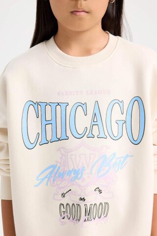 Kız Çocuk Relax Fit Bisiklet Yaka Baskılı Sweatshirt