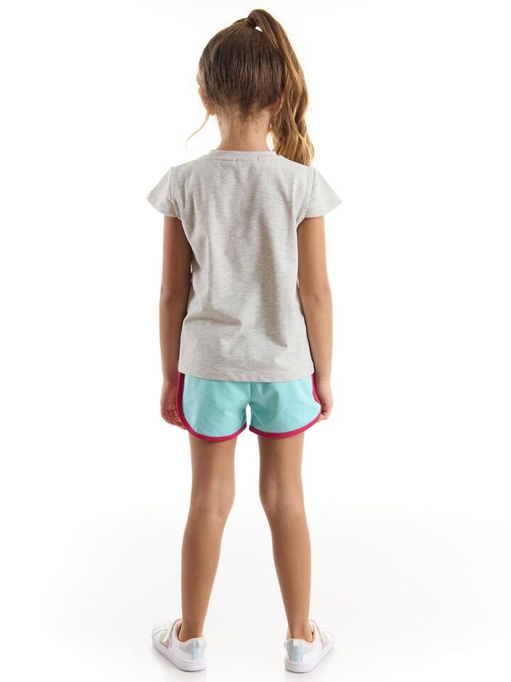 Çiçekli Unicorn Kız T-Shirt Şort Takım 10 Y - Turkuaz, Krem