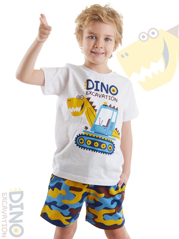 Dino Kazı Erkek Çocuk T-shirt Kamuflaj Şort Takım 5 Y - Beyaz