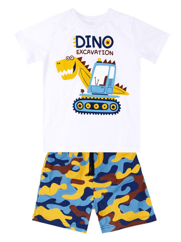 Dino Kazı Erkek Çocuk T-shirt Kamuflaj Şort Takım 5 Y - Beyaz