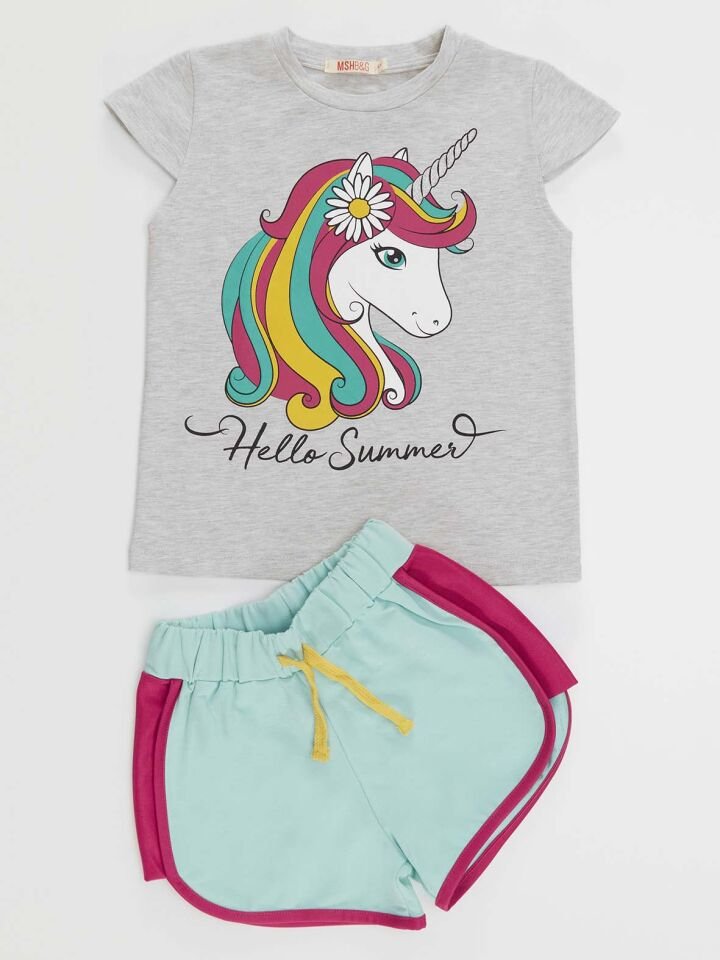 Çiçekli Unicorn Kız T-Shirt Şort Takım 6 Y - Turkuaz, Krem